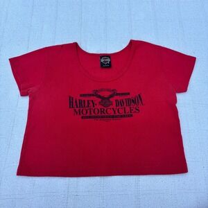 Women's Large HARLEY DAVIDSON Motorcycles Vintage 1997 Red Cotton Logo Crop Top